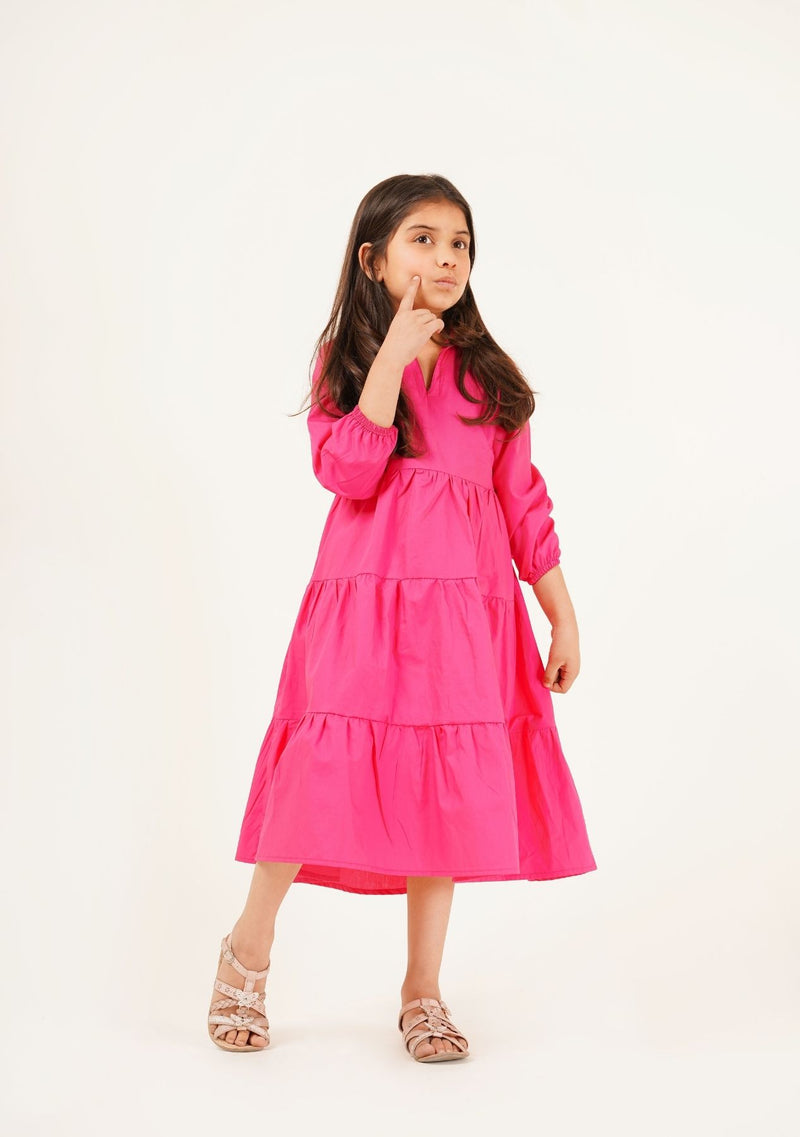 Girls V-Neck Collared Dress - Fuchsia Pink