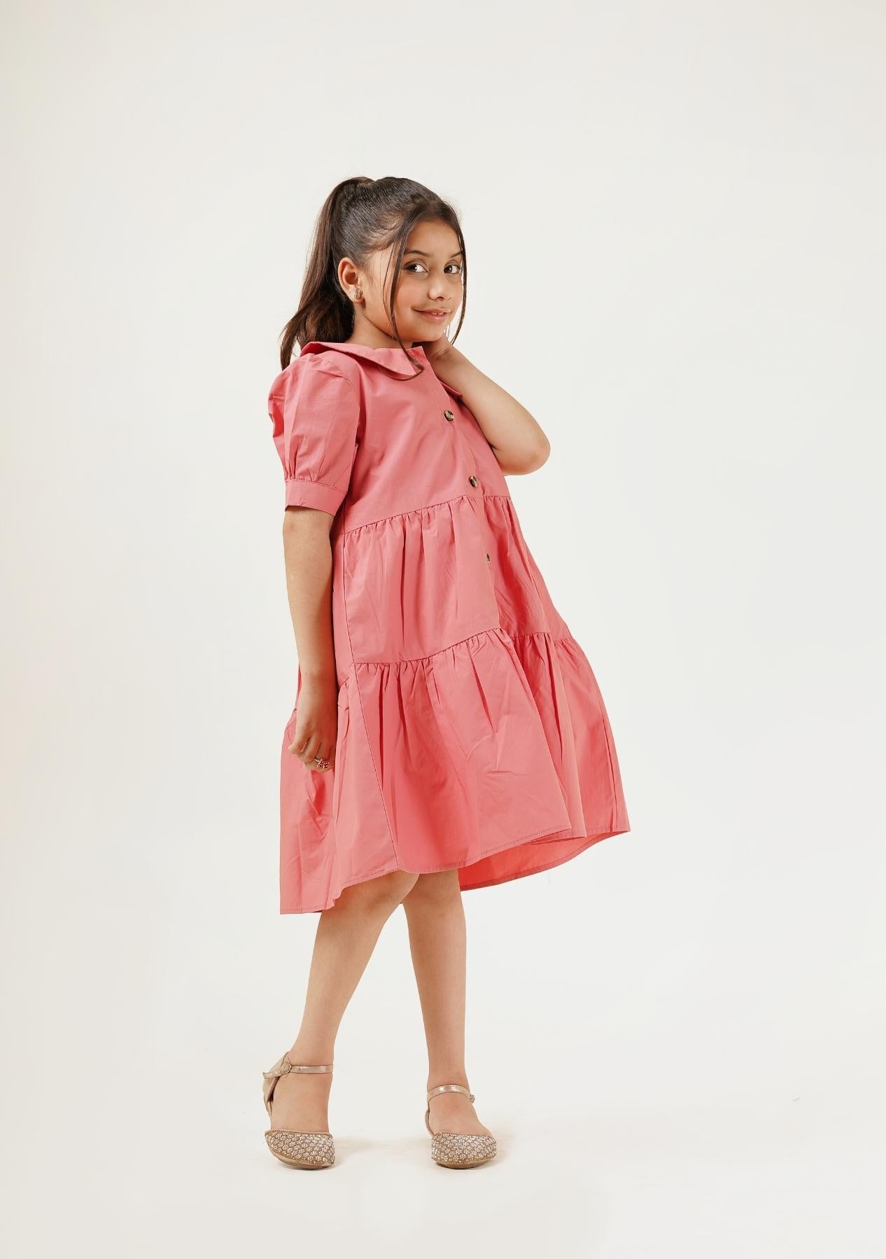 Girls Peter Pan Collar Dress - Tea Pink
