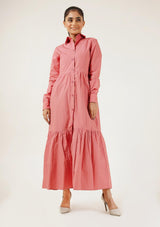Front Button Long Sleeve Maxi Dress - tea pink