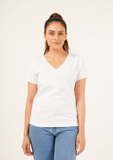 V Neck Round Hem T-Shirt - white