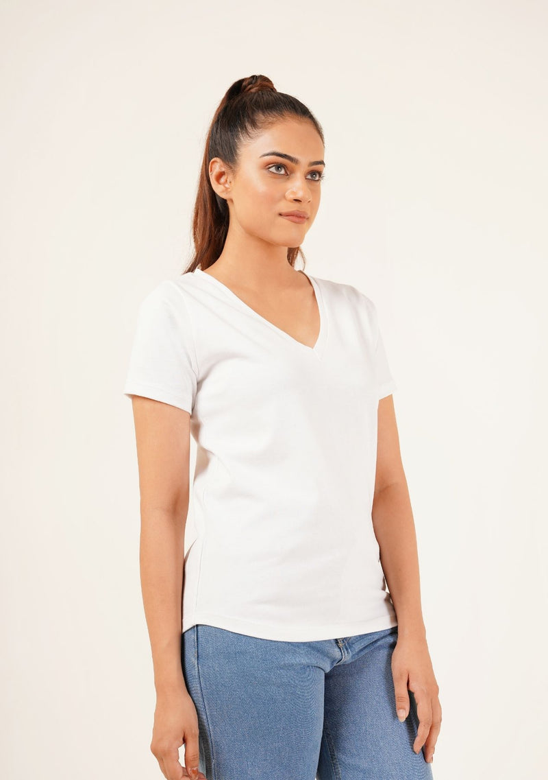 V Neck Round Hem T-Shirt - white