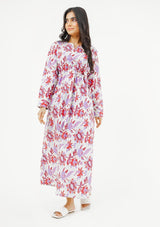 Notch Collar Maxi Dress - maroon & purple floral print