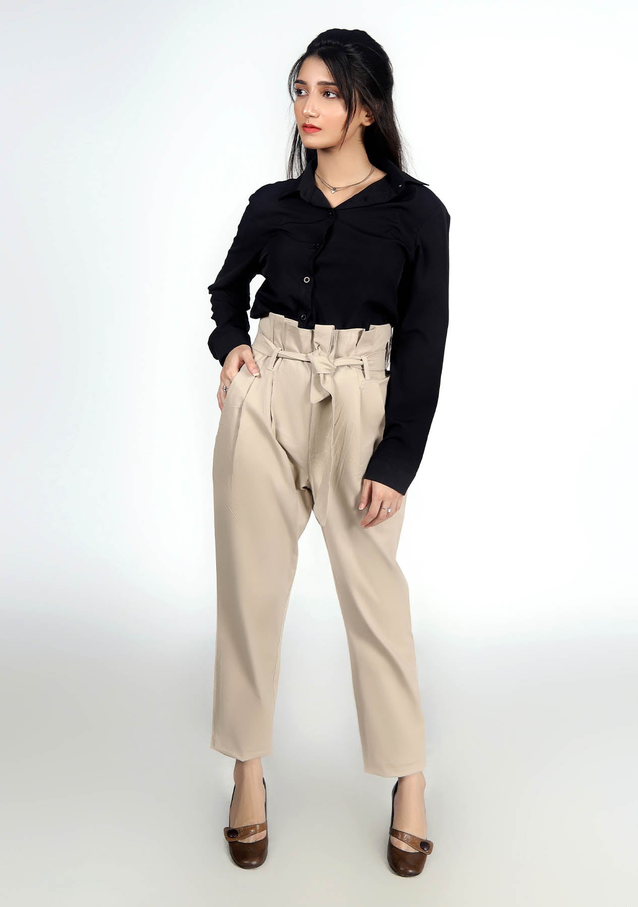 Pleated Paper Bag Pant - Beige