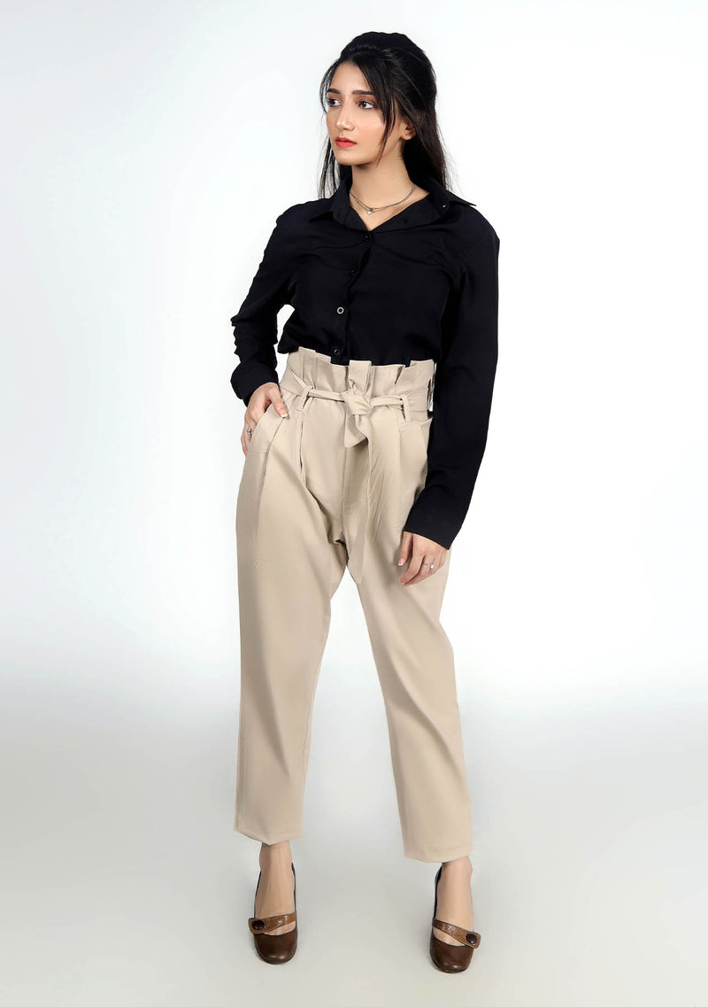 Pleated Paper Bag Pant in Beige