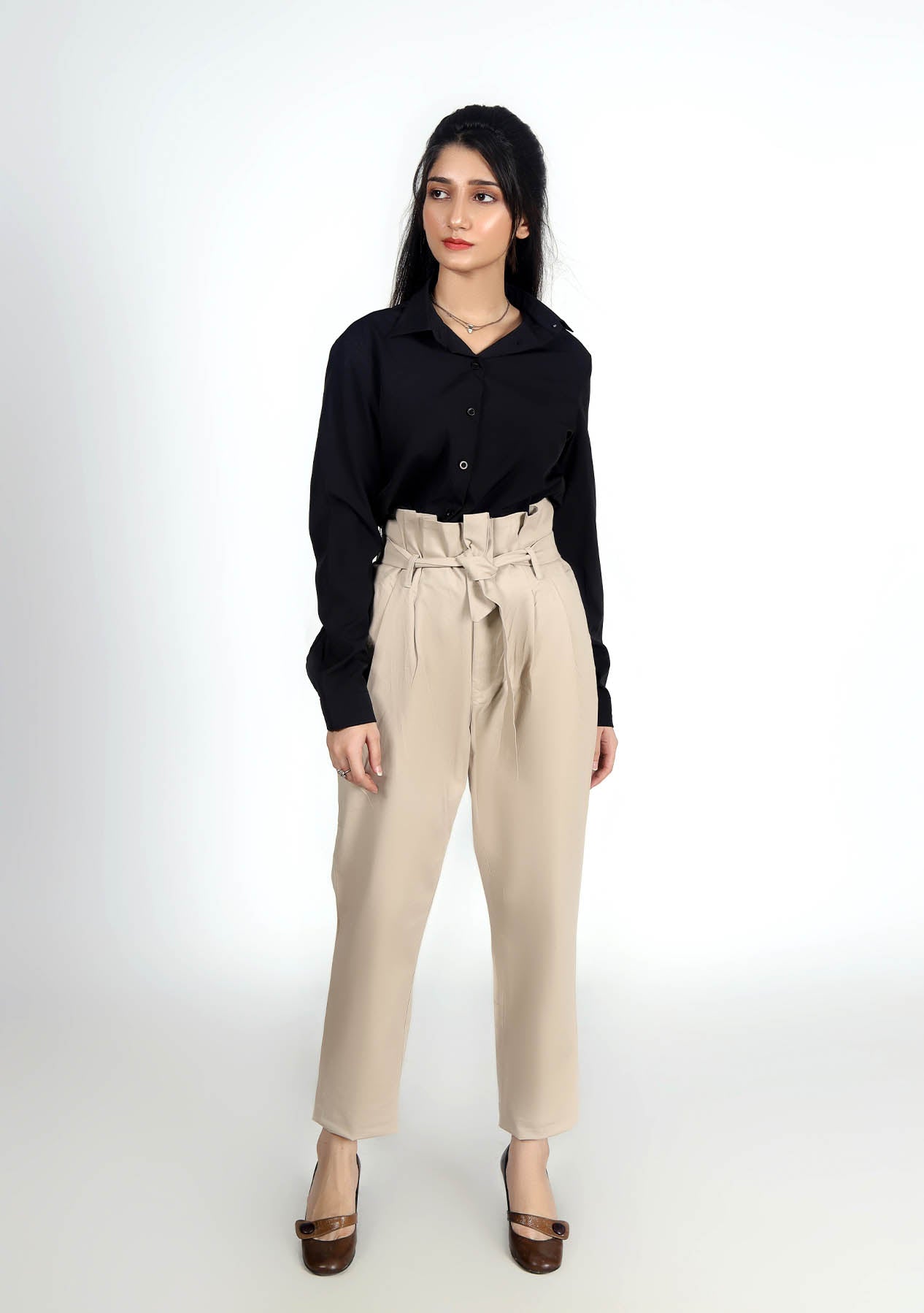 Pleated Paper Bag Pant - Beige