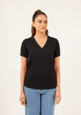 V Neck Round Hem T-Shirt - black