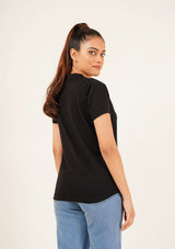 V Neck Round Hem T-Shirt - black