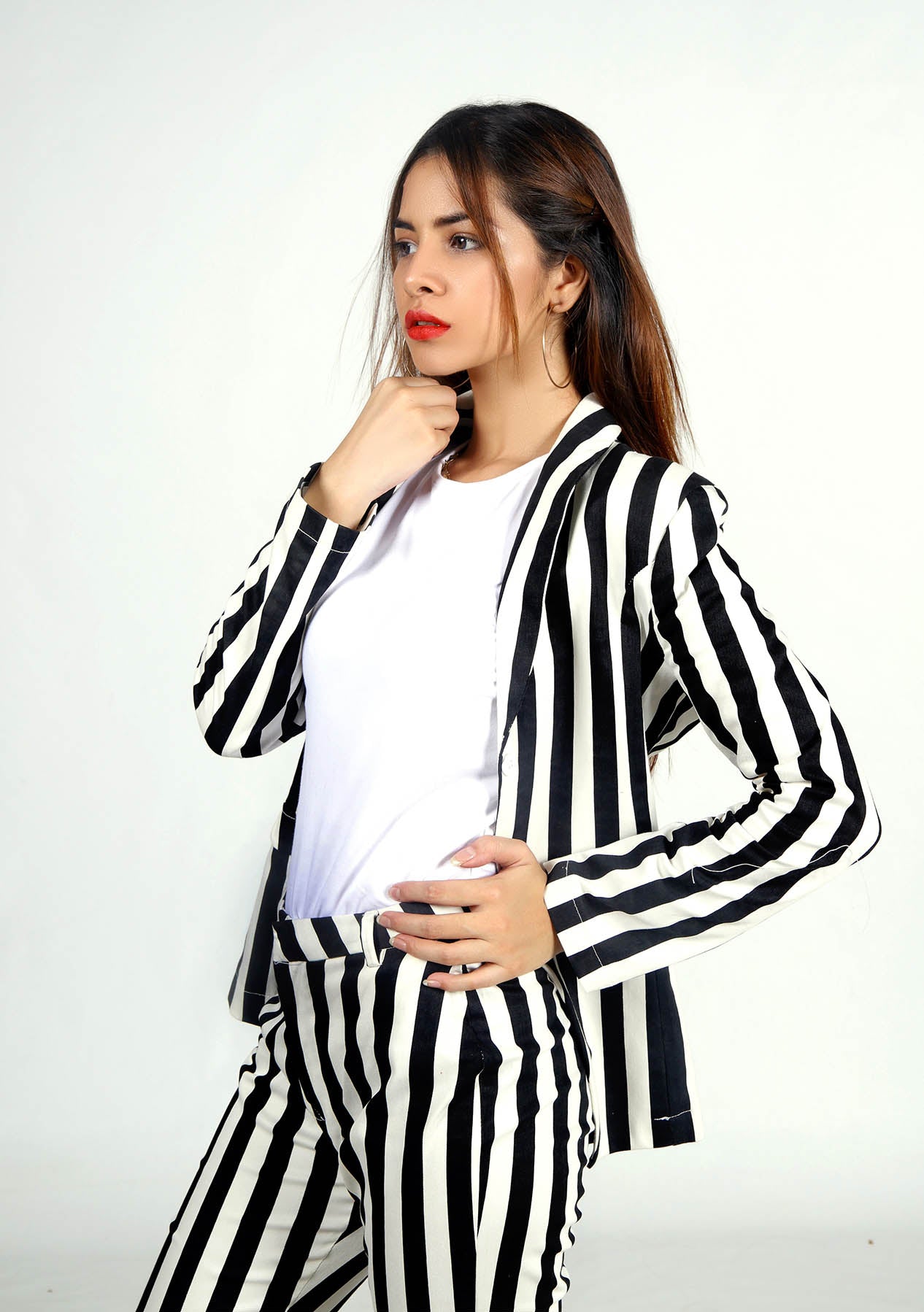 Straight Pant in Black and White Striped w Pocket