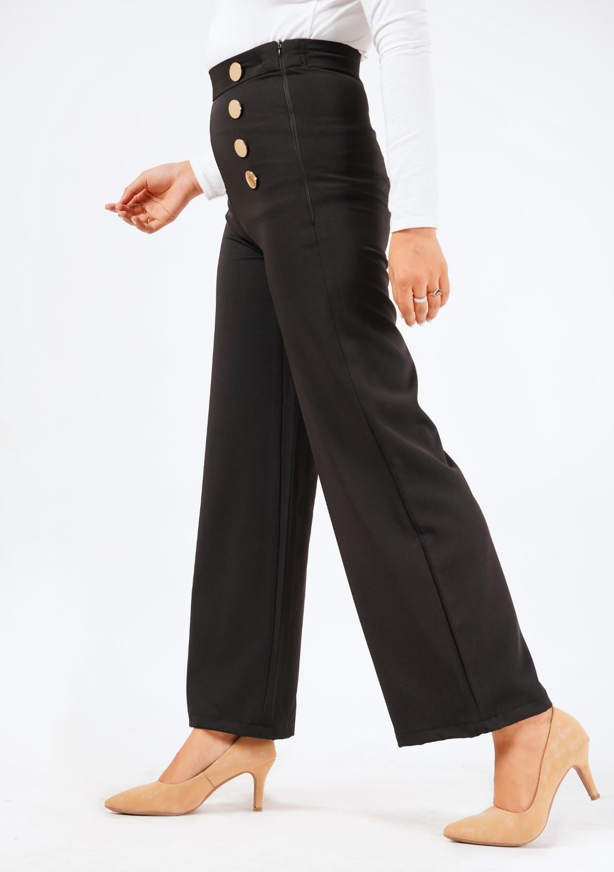 Wide Leg Button Detail Pant - Black