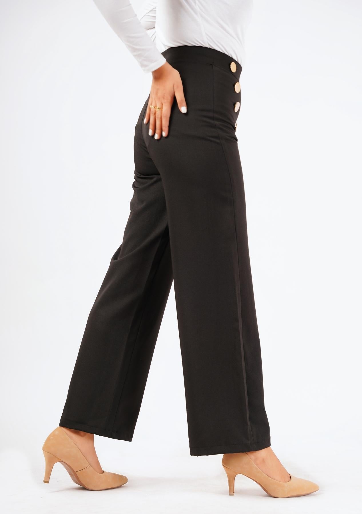 Wide Leg Button Detail Pant - Black