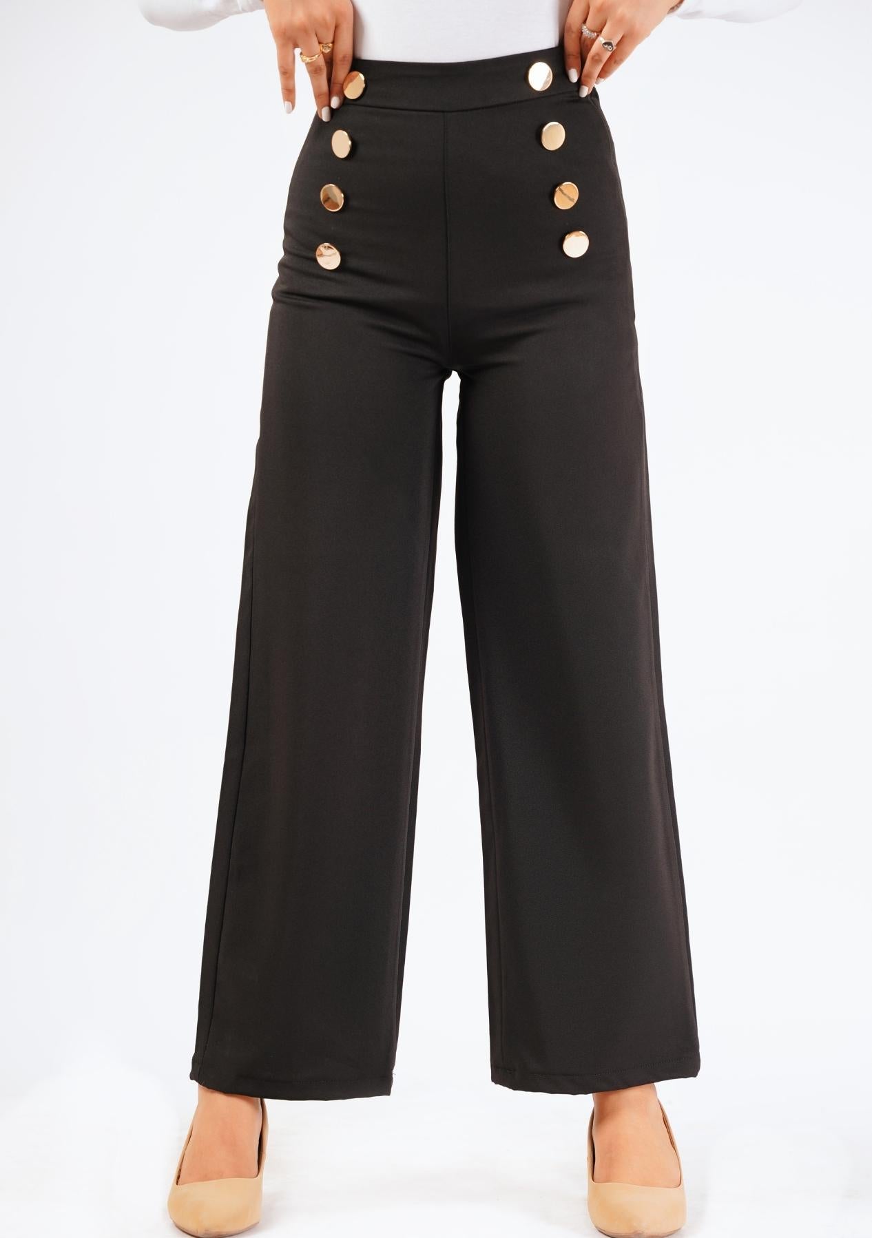 Wide Leg Button Detail Pant - Black