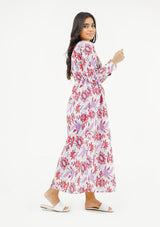 Notch Collar Maxi Dress - maroon & purple floral print