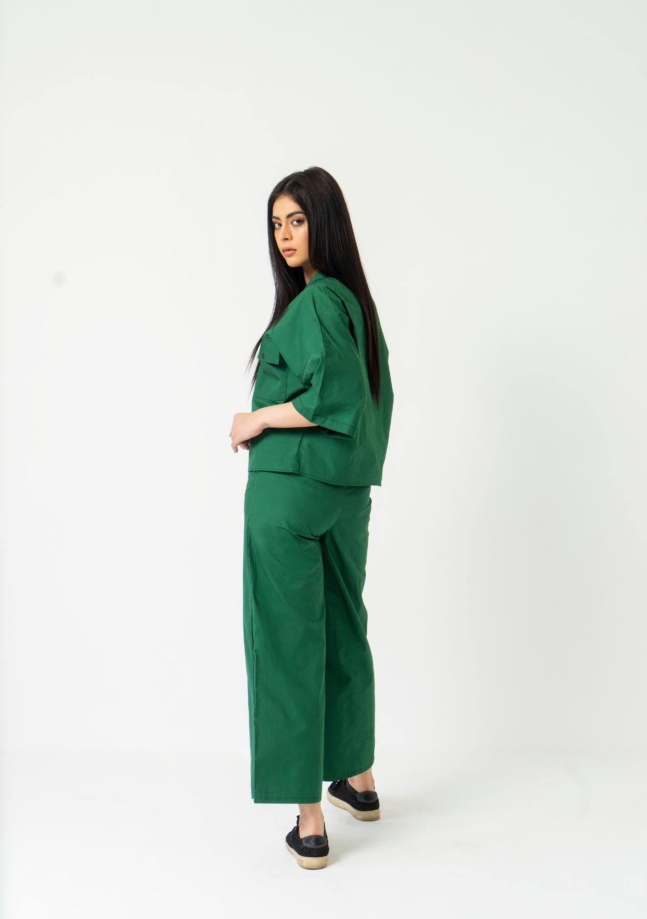 High Waisted Culotte Pant with Pleat - Bottle Green