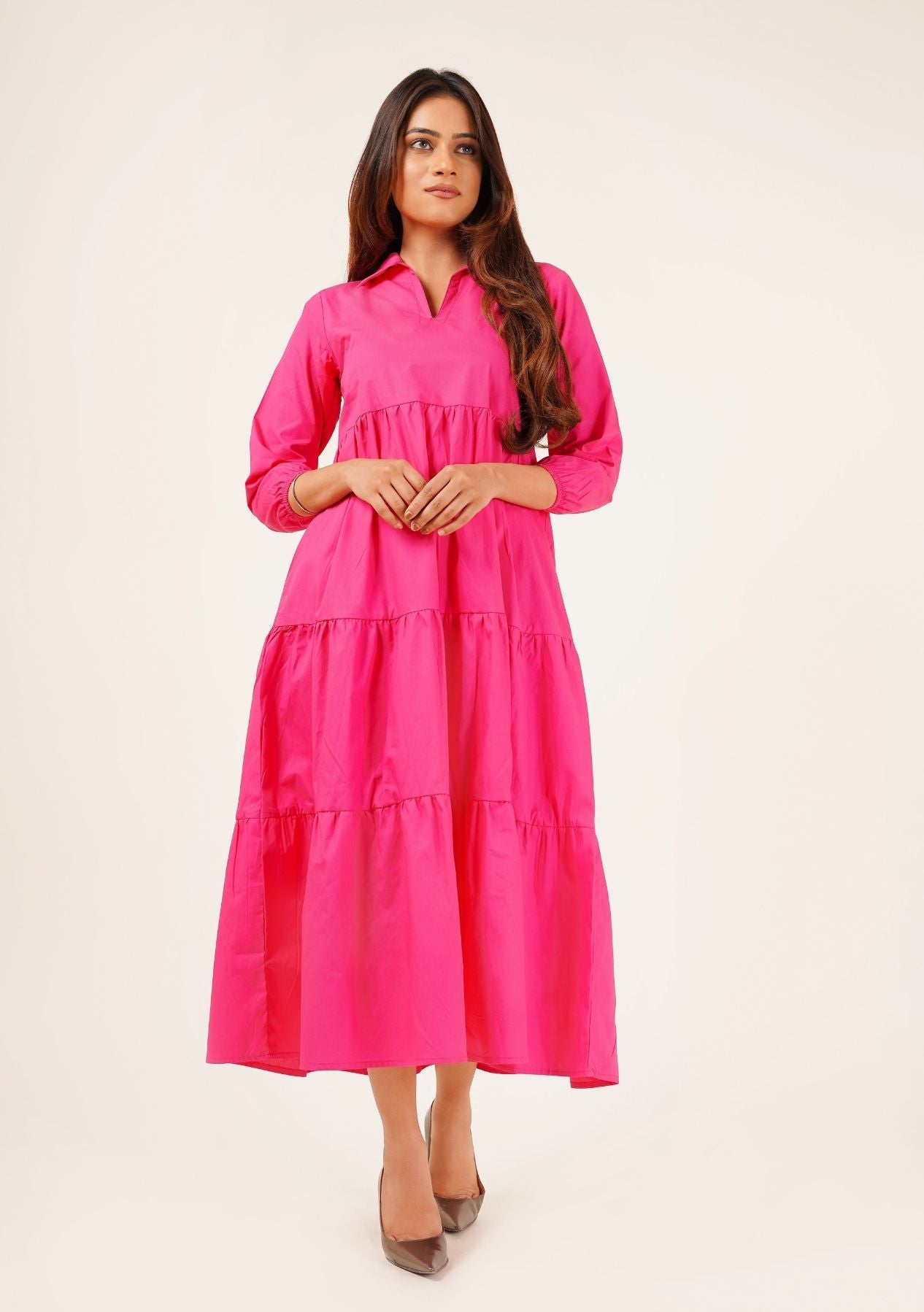 V Neck Collared Dress - fuchsia pink