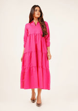V Neck Collared Dress - fuchsia pink