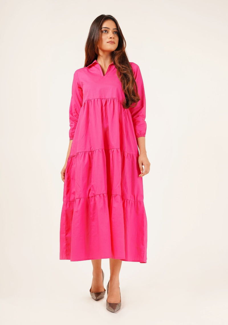 V Neck Collared Dress - fuchsia pink