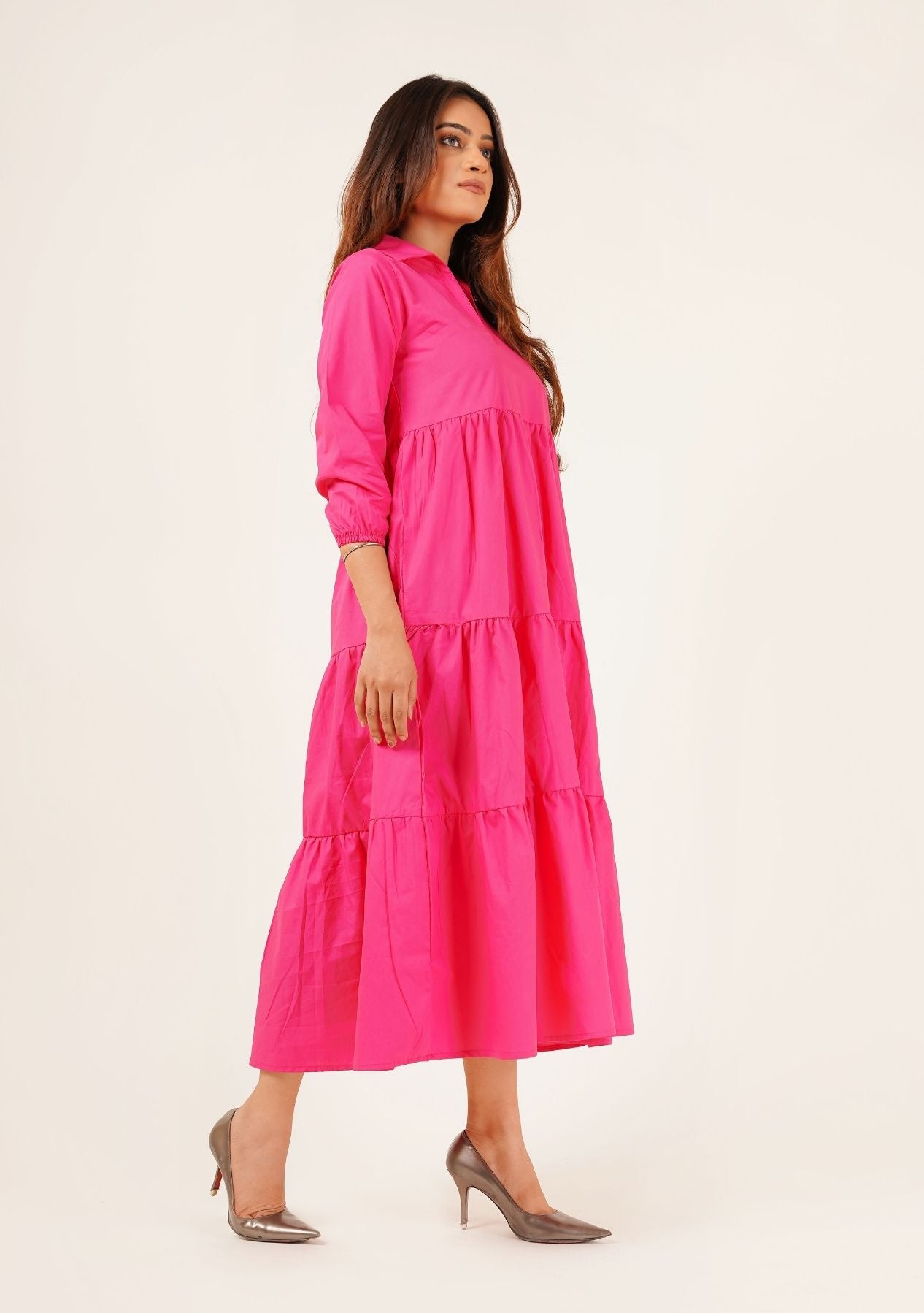 V Neck Collared Dress - fuchsia pink