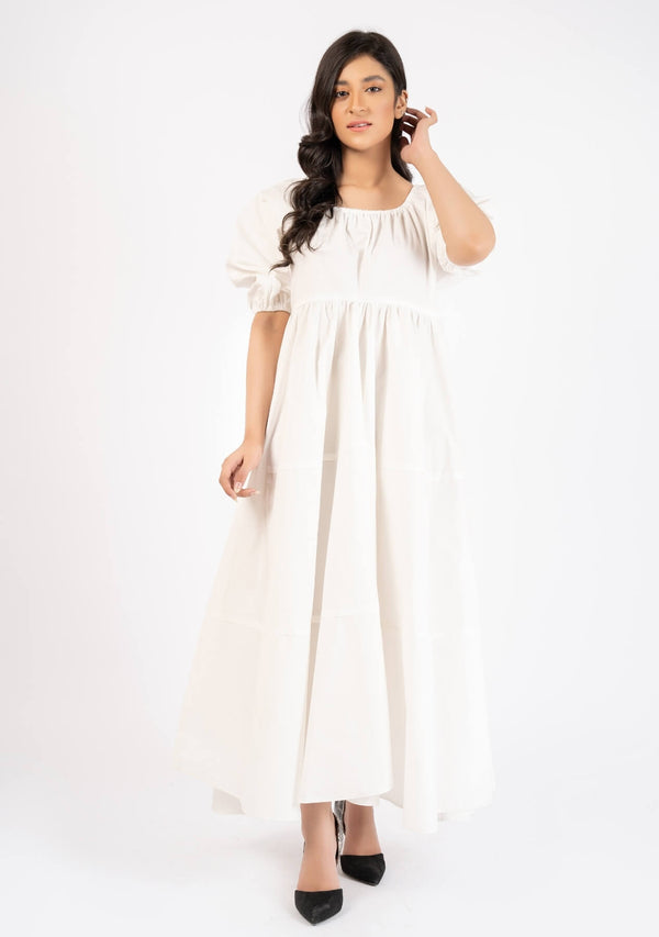 Puff Sleeve Pleated Maxi Dress  - white