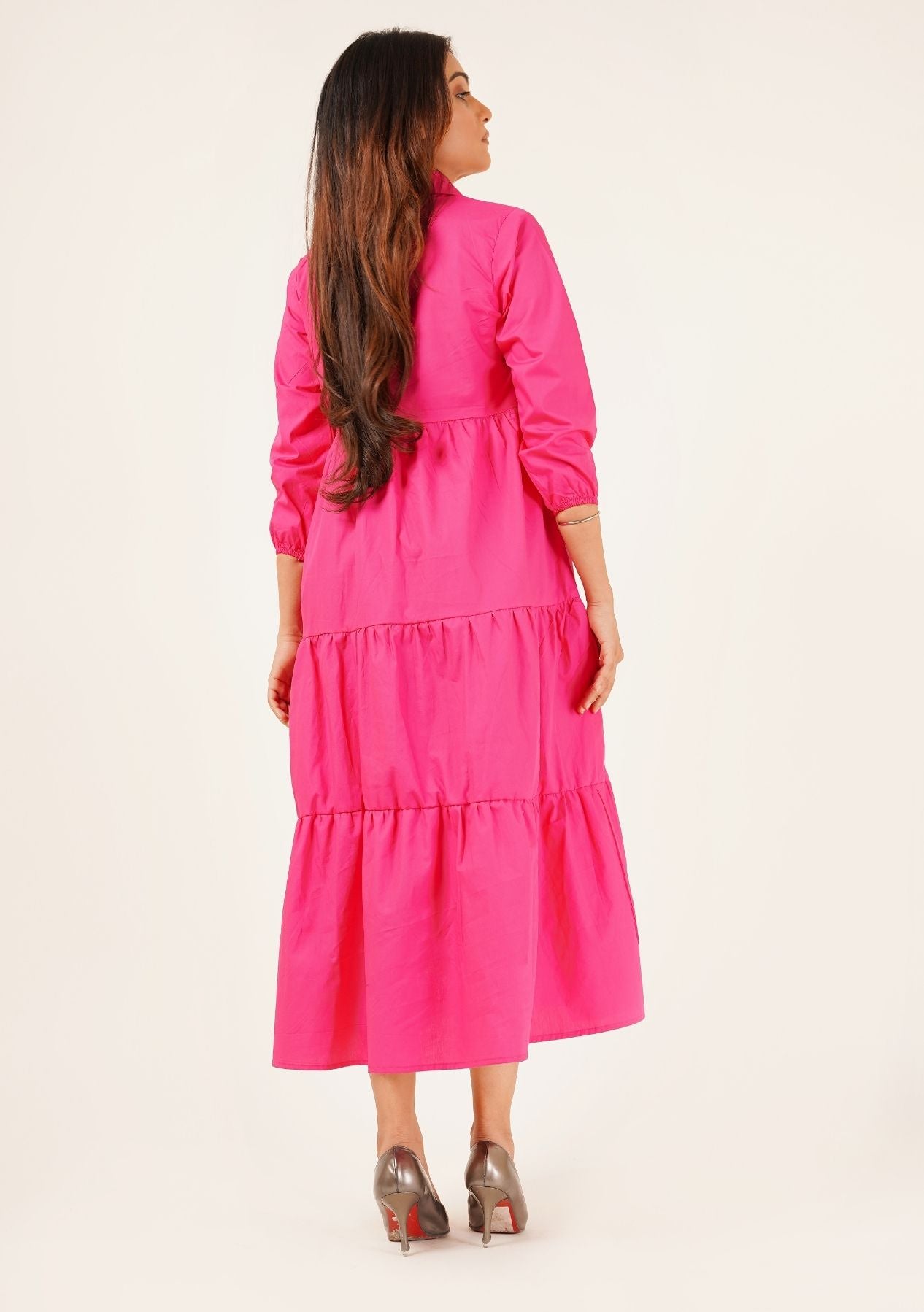 V Neck Collared Dress - fuchsia pink