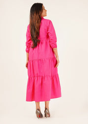 V Neck Collared Dress - fuchsia pink