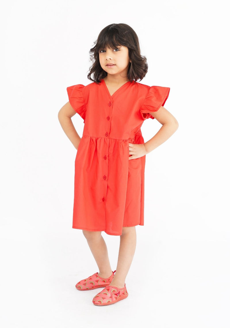 Girls Button Front V Neck Dress - Reddish Maroon