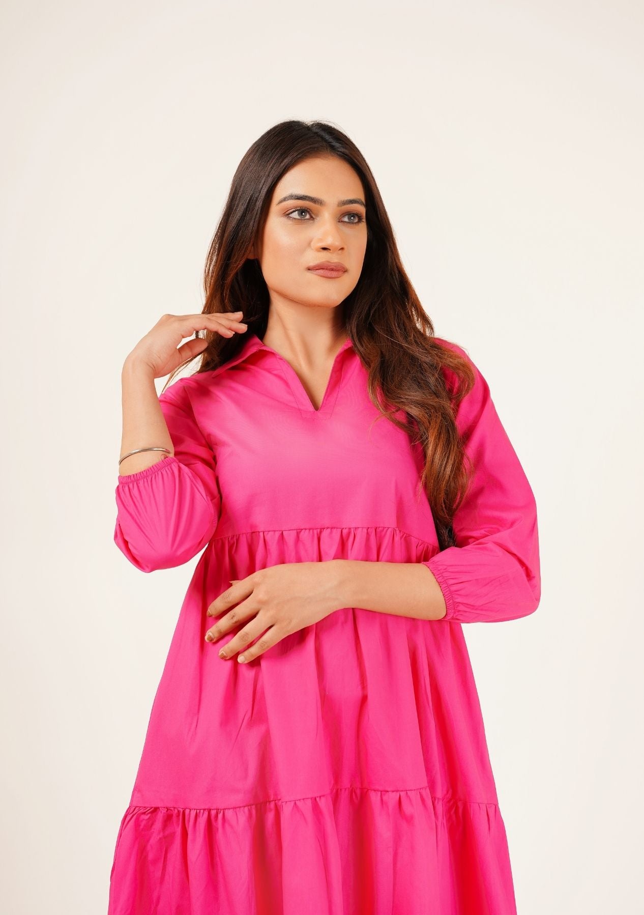 V Neck Collared Dress - fuchsia pink