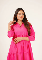 V Neck Collared Dress - fuchsia pink