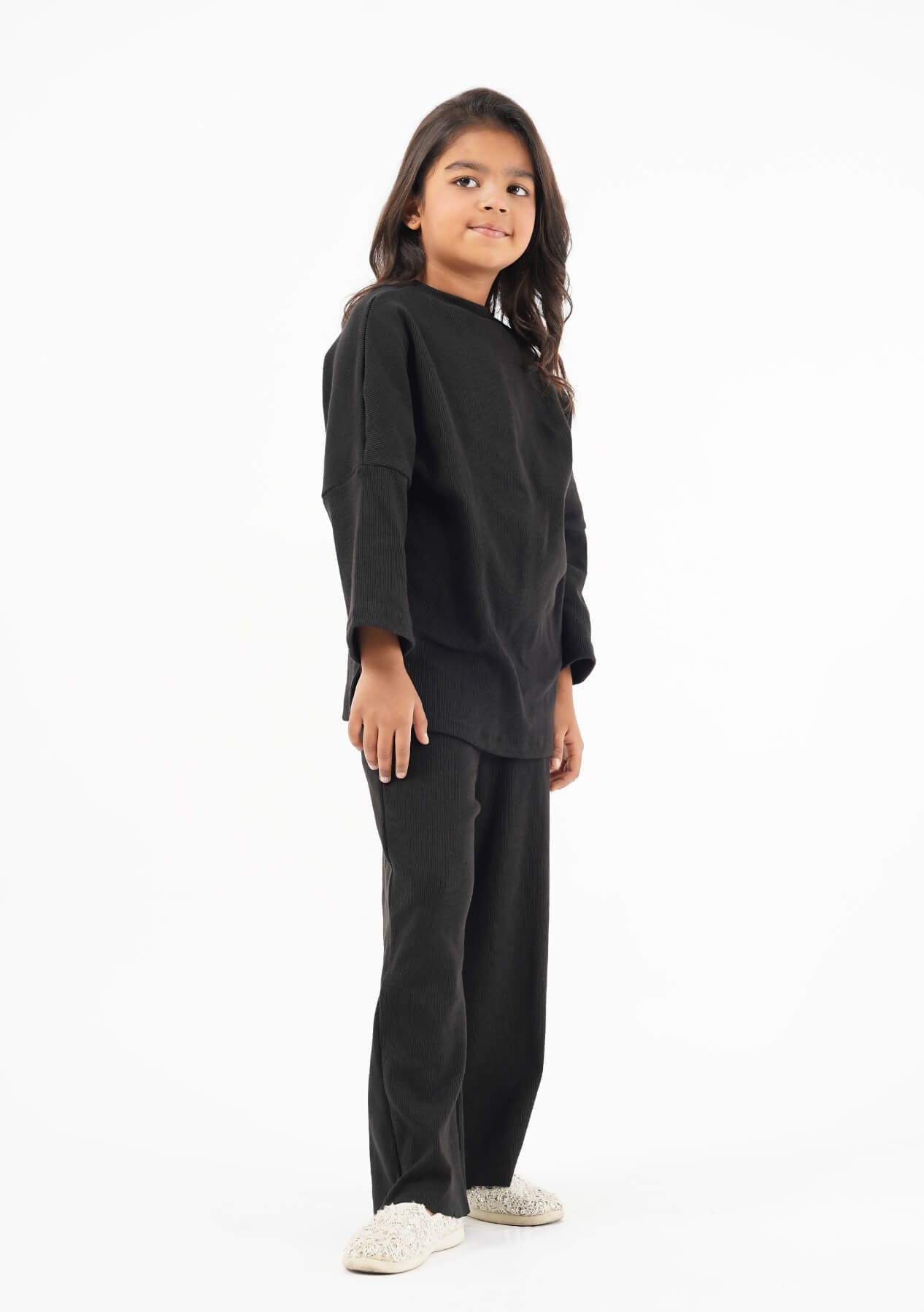 Girls Rib Knit Wide Leg Pant with Pocket - Black