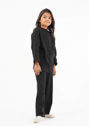 Girls Rib Knit Wide Leg Pant with Pocket - Black