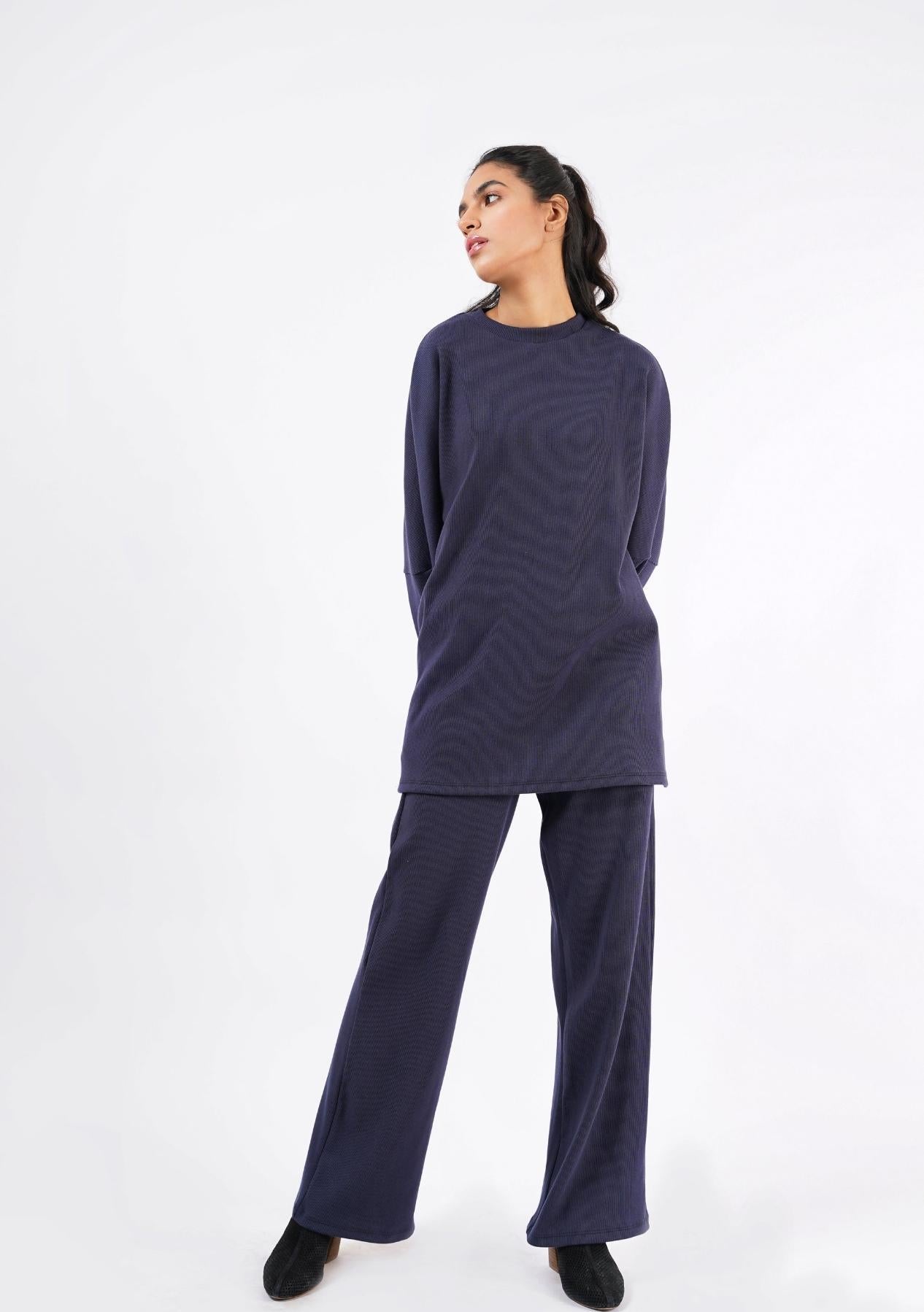 Rib Knit Wide Leg Pant with Pocket - navy blue