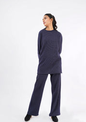 Rib Knit Wide Leg Pant with Pocket - navy blue