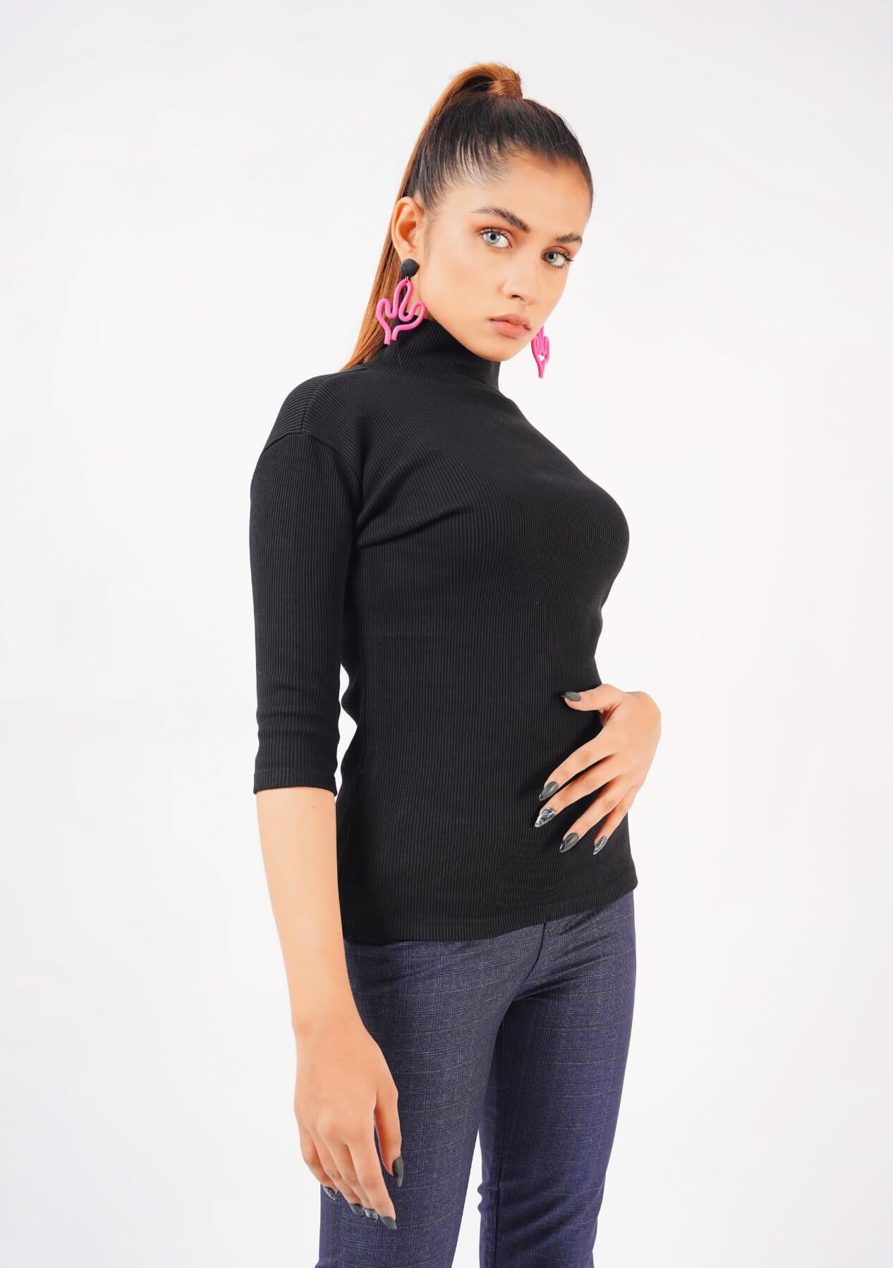 High Neck Knit Top - Short Sleeve - black