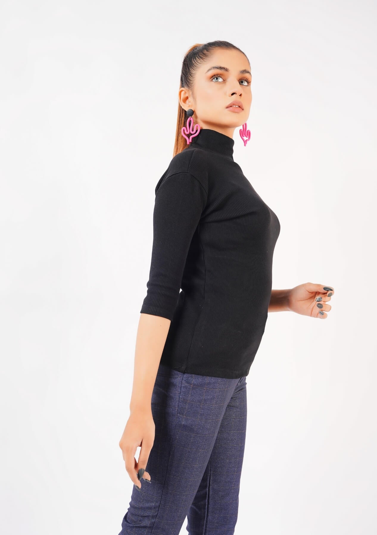 High Neck Knit Top - Short Sleeve - black