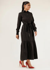 Front Button Long Sleeve Maxi Dress - black