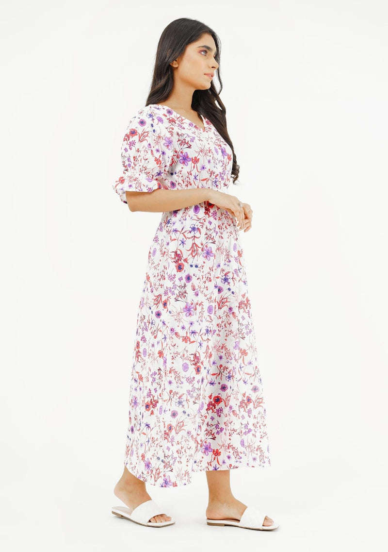 Front Button Maxi Dress - red white floral print