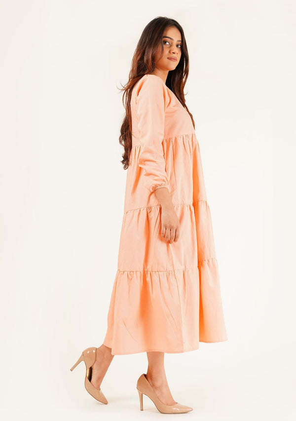 Full Sleeve Pleated Dress - peach