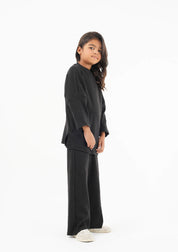 Girls Rib Knit Wide Leg Pant with Pocket - Black