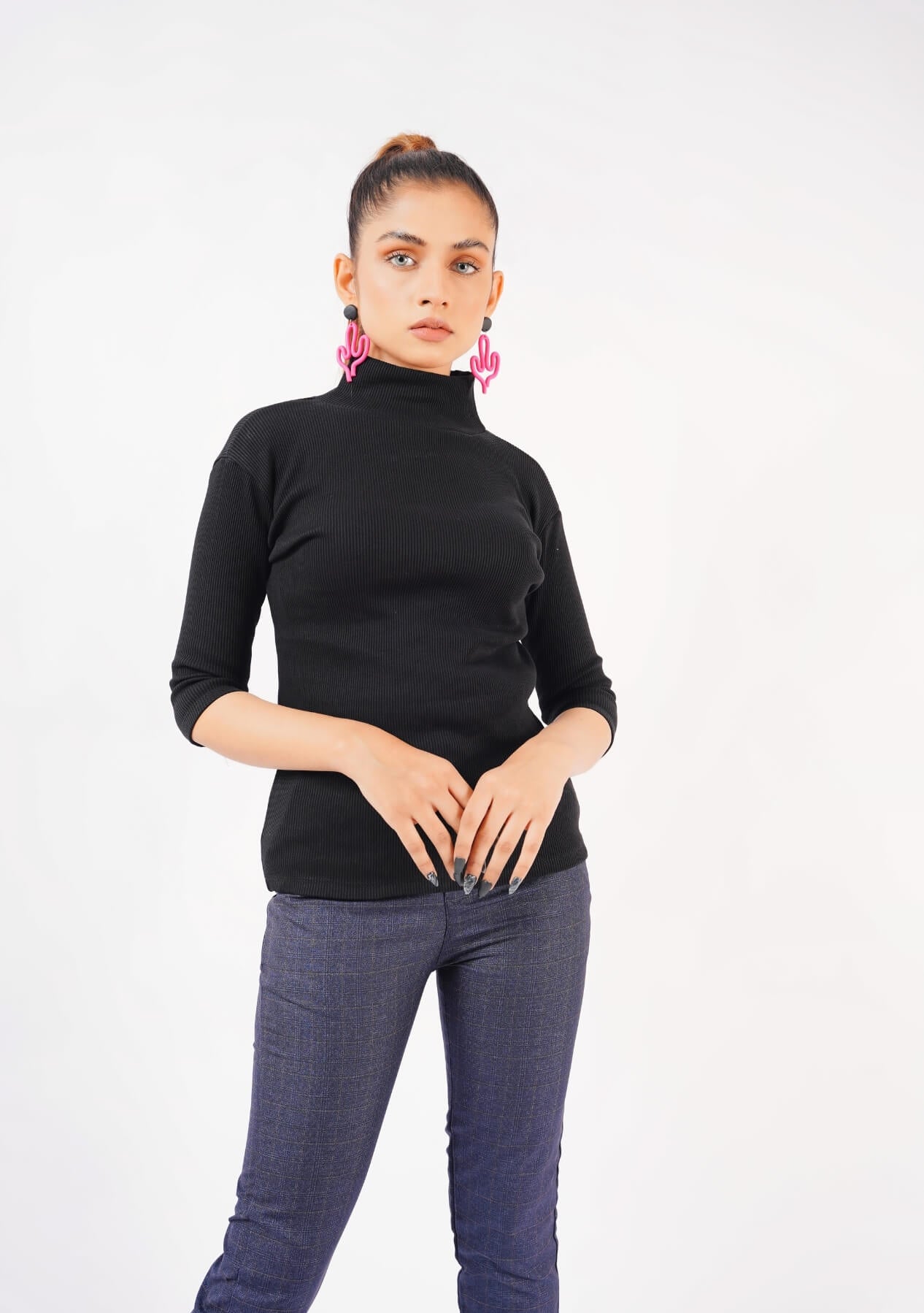 High Neck Knit Top - Short Sleeve - black