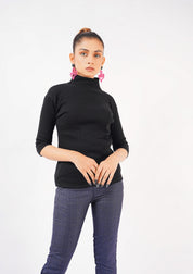 High Neck Knit Top - Short Sleeve - black