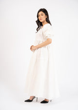 Puff Sleeve Pleated Maxi Dress  - white