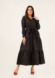 V Neck Tie Waist Dress - black