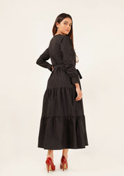 V Neck Tie Waist Dress - black