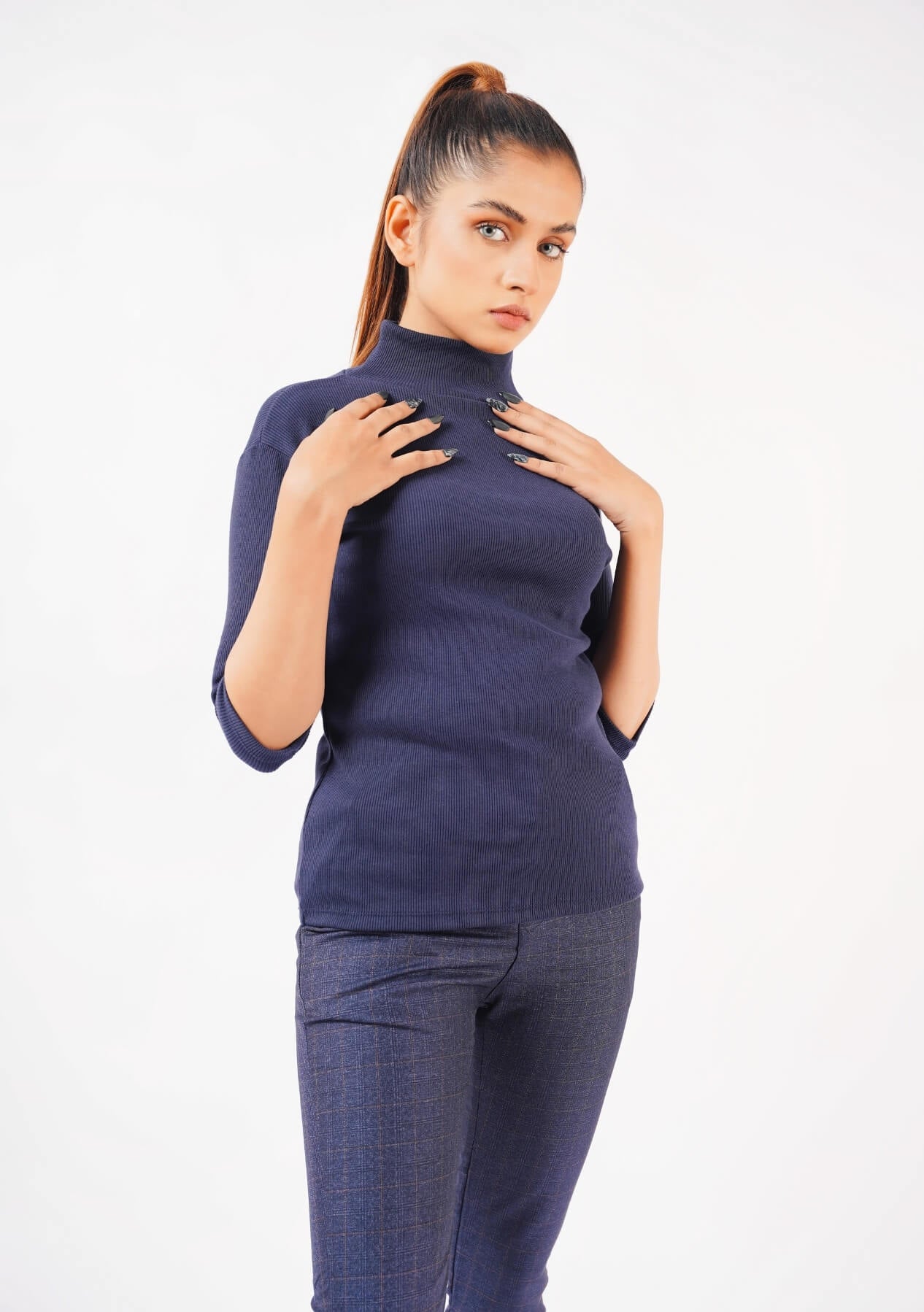 High Neck Knit Top - short sleeve - navy blue
