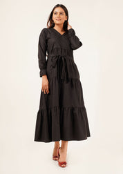 V Neck Tie Waist Dress - black