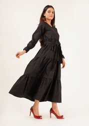 V Neck Tie Waist Dress - black