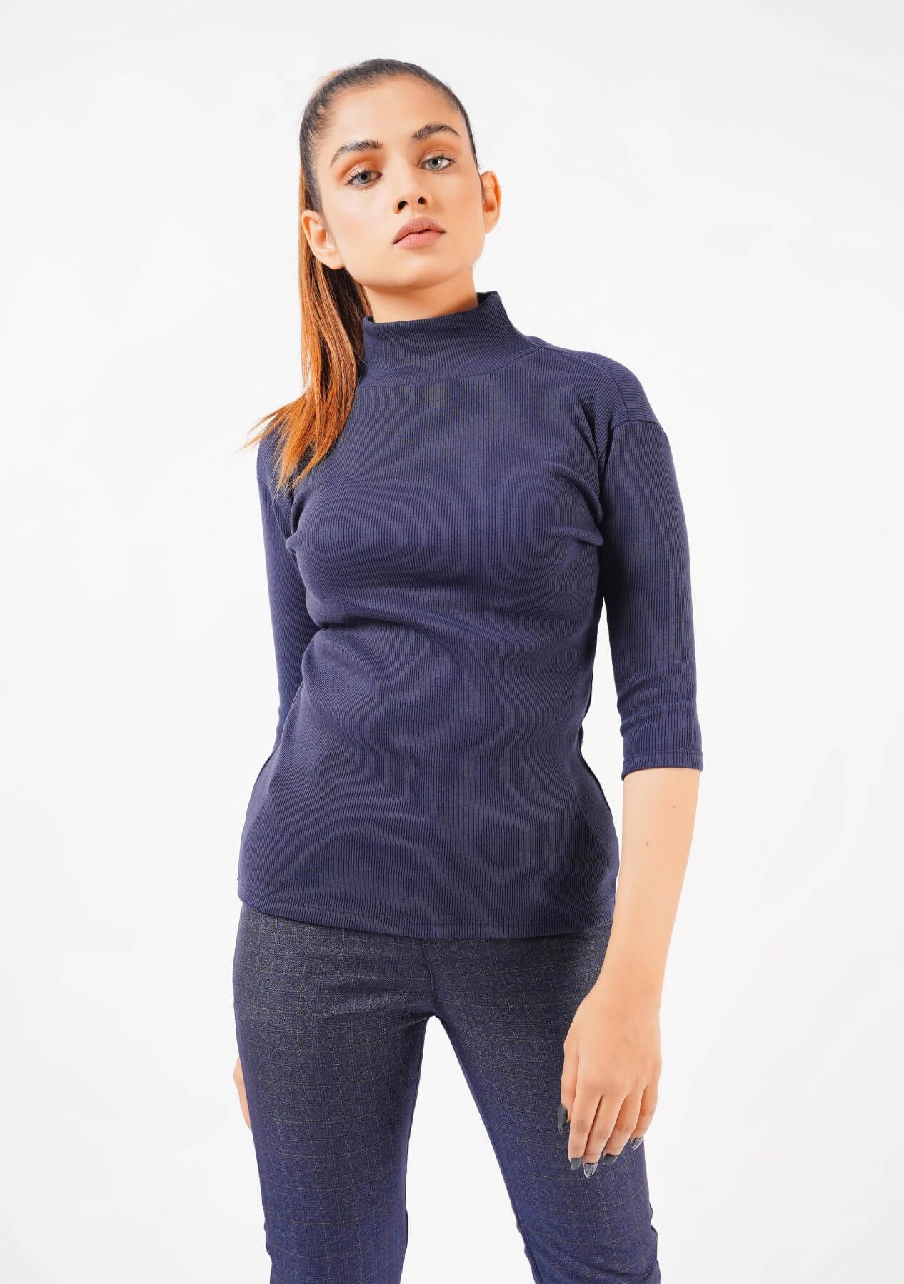 High Neck Knit Top - short sleeve - navy blue