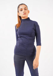High Neck Knit Top - short sleeve - navy blue