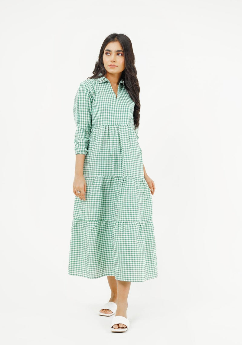 V Neck Collared Dress - green white gingham check