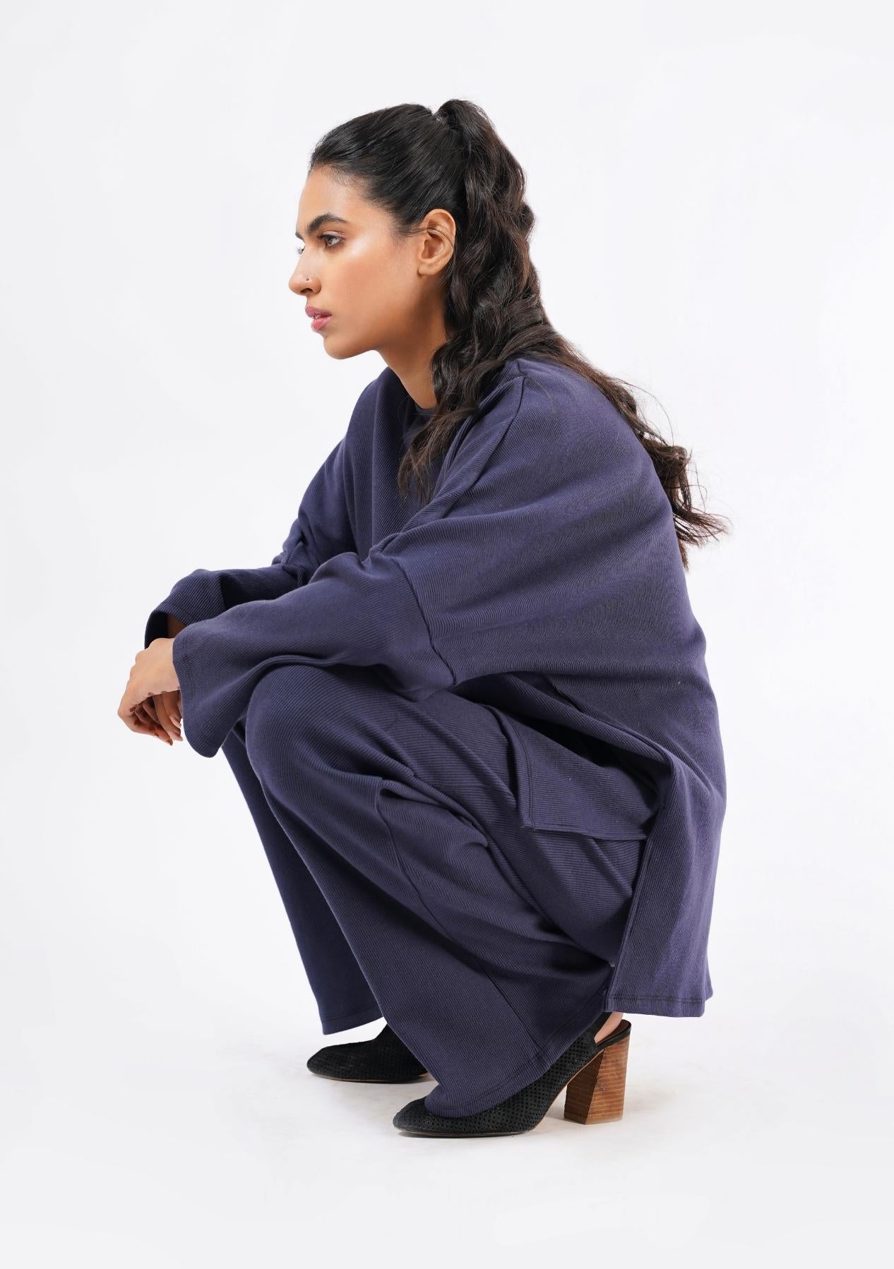 Rib Knit Wide Leg Pant with Pocket - navy blue