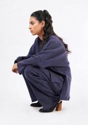Rib Knit Wide Leg Pant with Pocket - navy blue